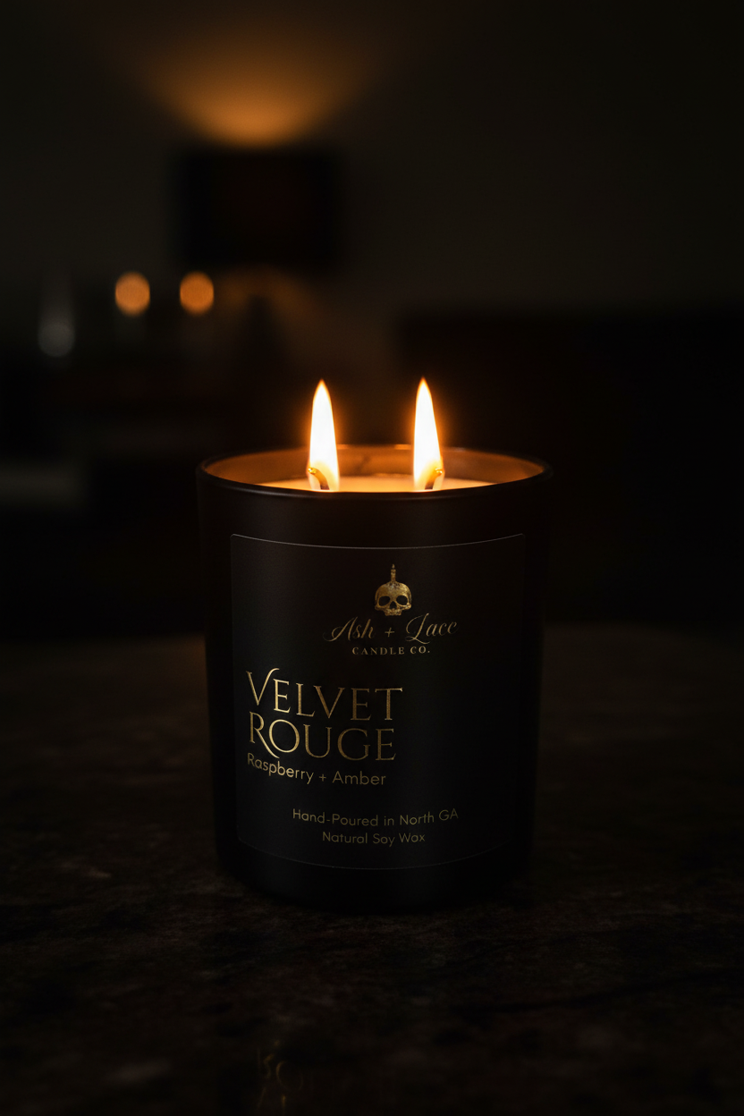 Velvet Rouge candle with two lit wicks - modern luxe marketing portrait