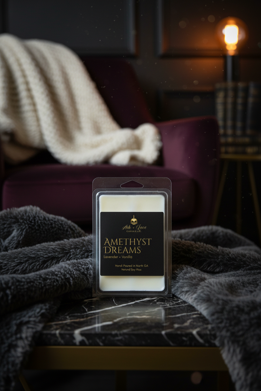 Amethyst Dreams wax melt luxe cozy marketing image