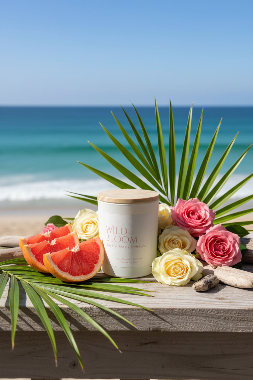 Beach porch marketing image with candle, grapefruit, rose, palm leaves and driftwood