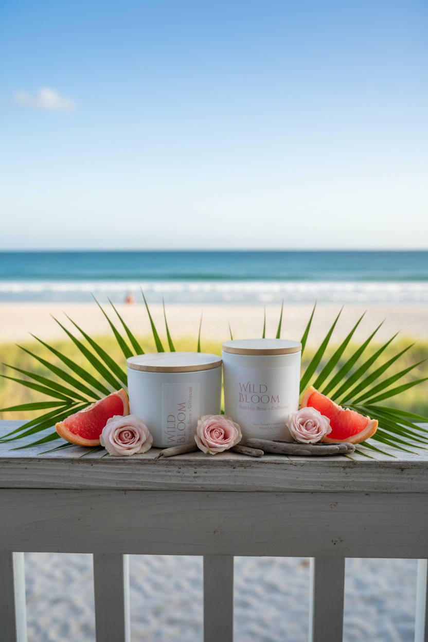 Beach porch marketing image with candles, grapefruit, rose, palm leaves and driftwood