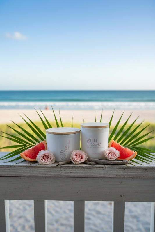 Beach porch marketing image with candles, grapefruit, rose, palm leaves and driftwood