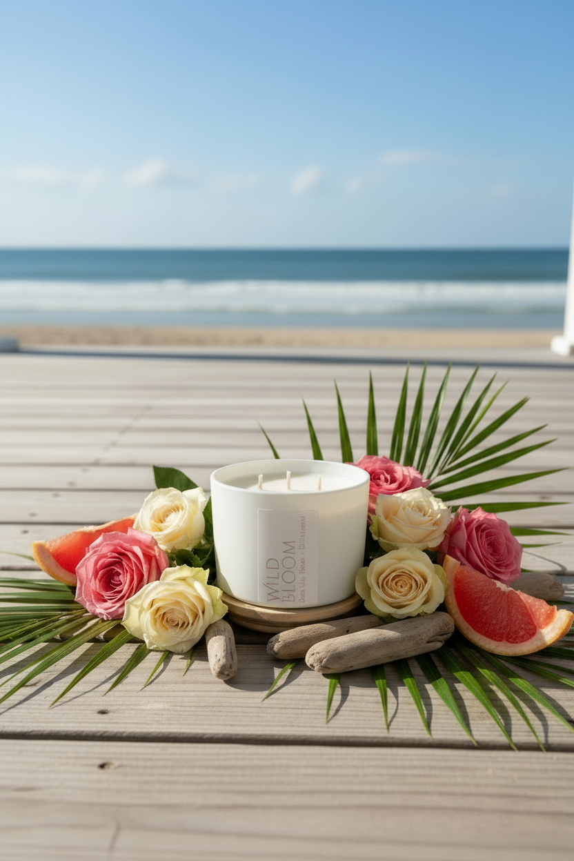 Beach porch marketing image with three cotton wick candle, grapefruit, rose, palm leaves and driftwood