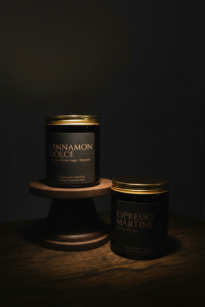 Luxury candles on dark brown pedestal
