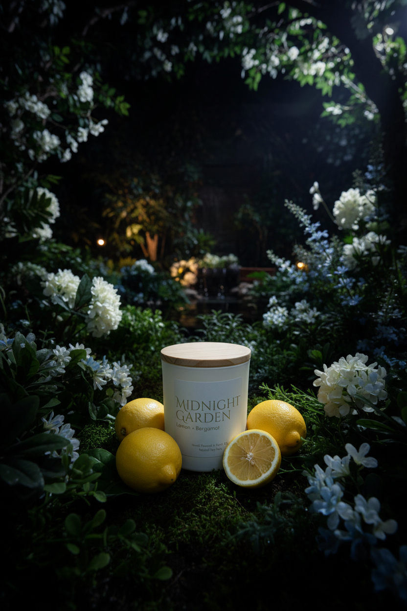 Single candle in midnight garden with lemons