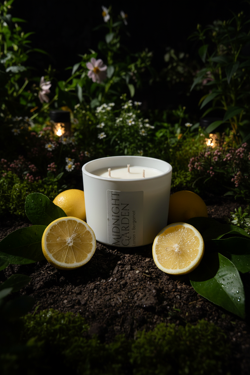 Single candle with three wicks in midnight garden