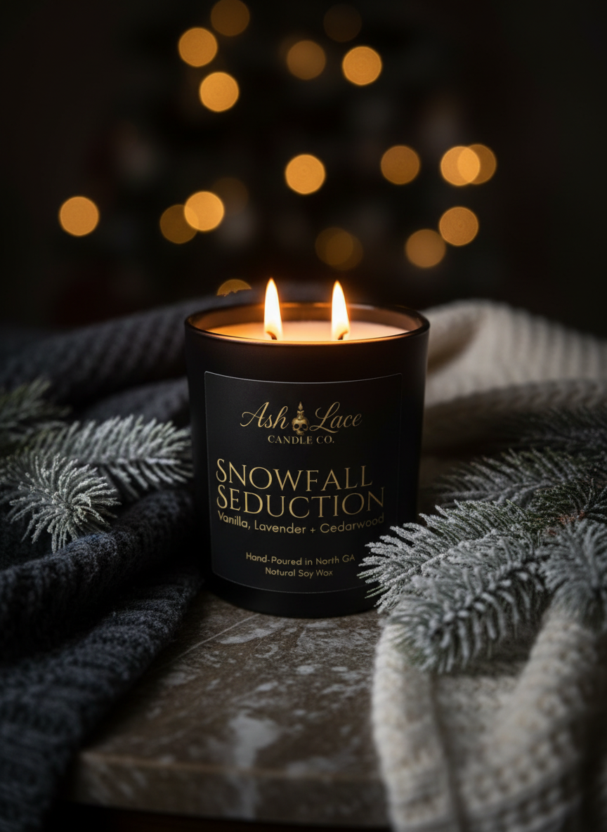 Snowfall Seduction candle in cozy winter scene