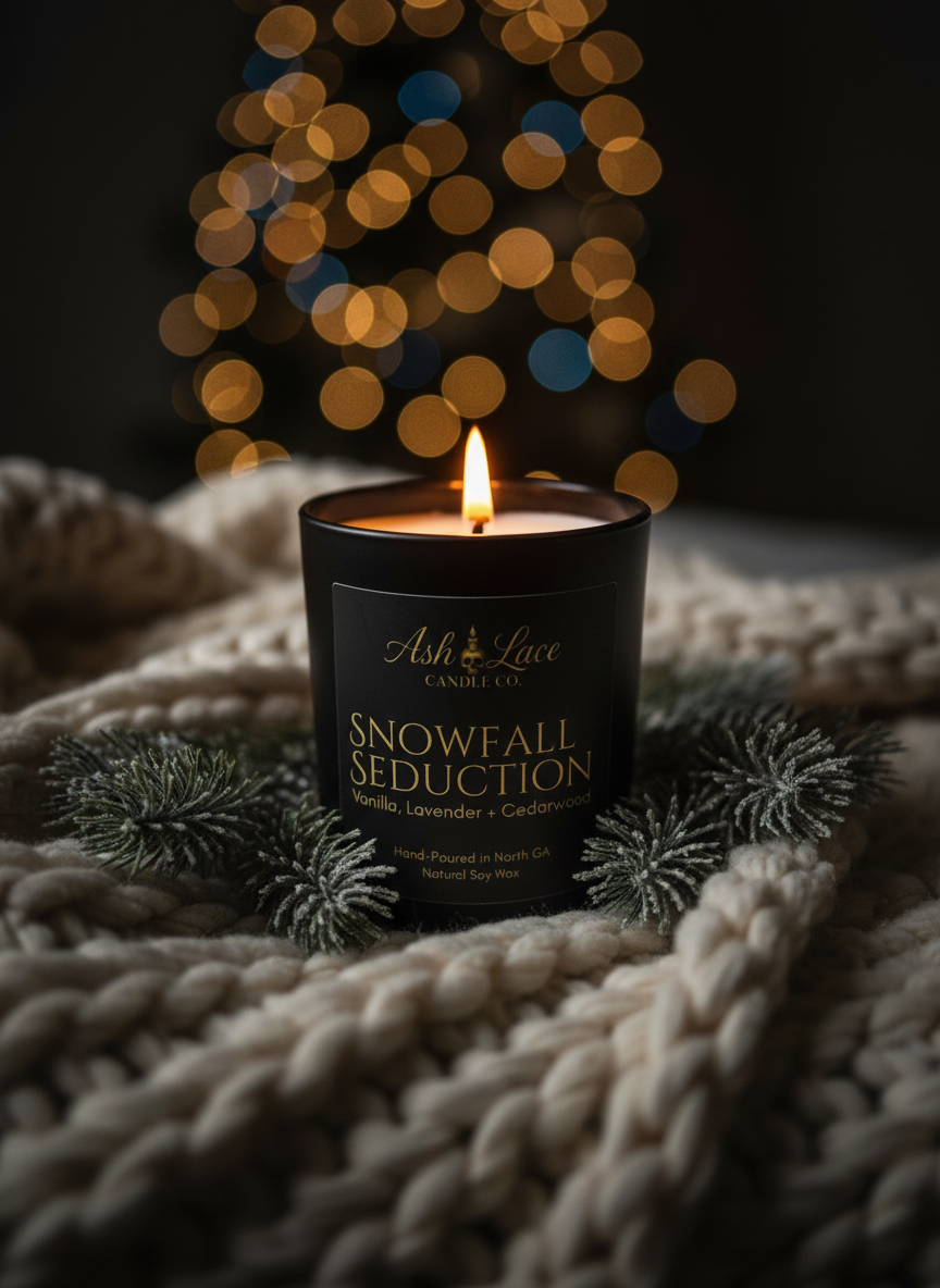 Snowfall Seduction candle in cozy winter scene