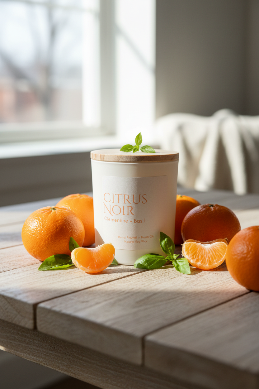 Spring marketing image with candle, clementines and basil