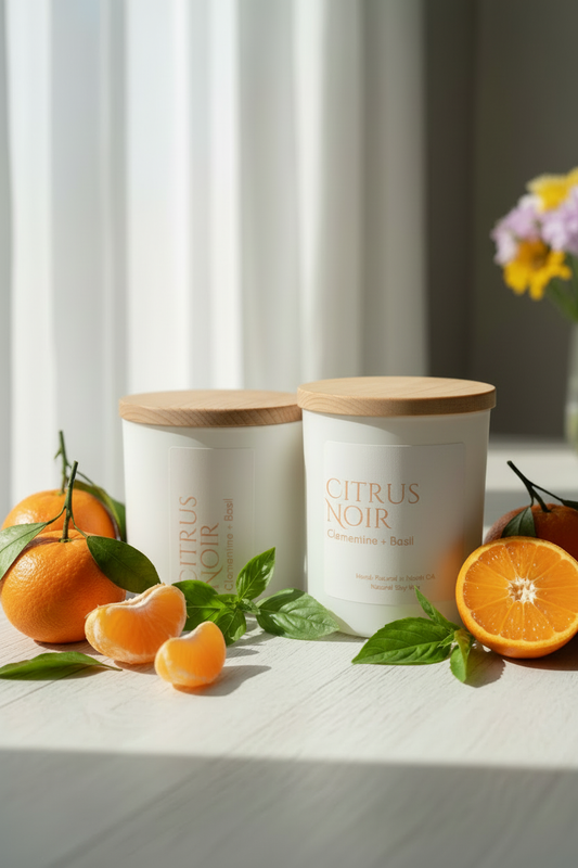 Spring marketing image with candles, clementines and basil