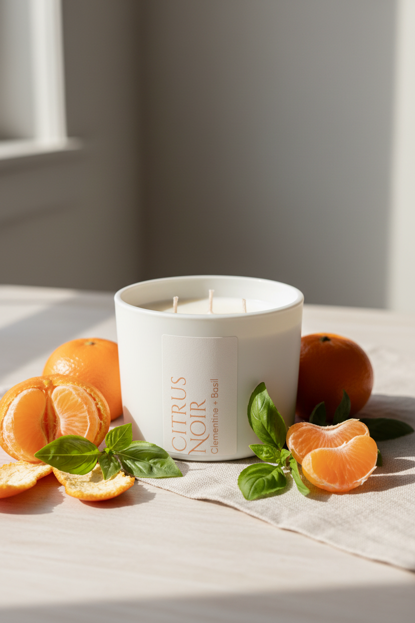 Spring marketing image with three-wick candle, clementines and basil