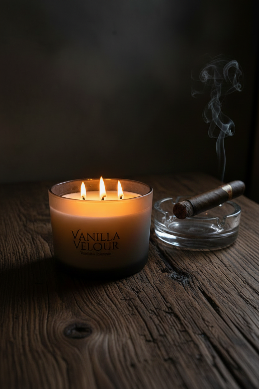 Vanilla Velour Candle on Rustic Wood