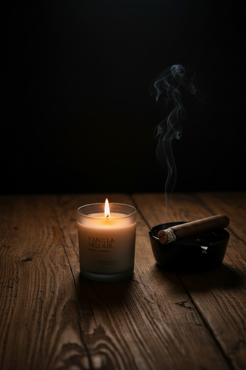 Vanilla Velour Candle on Rustic Wood