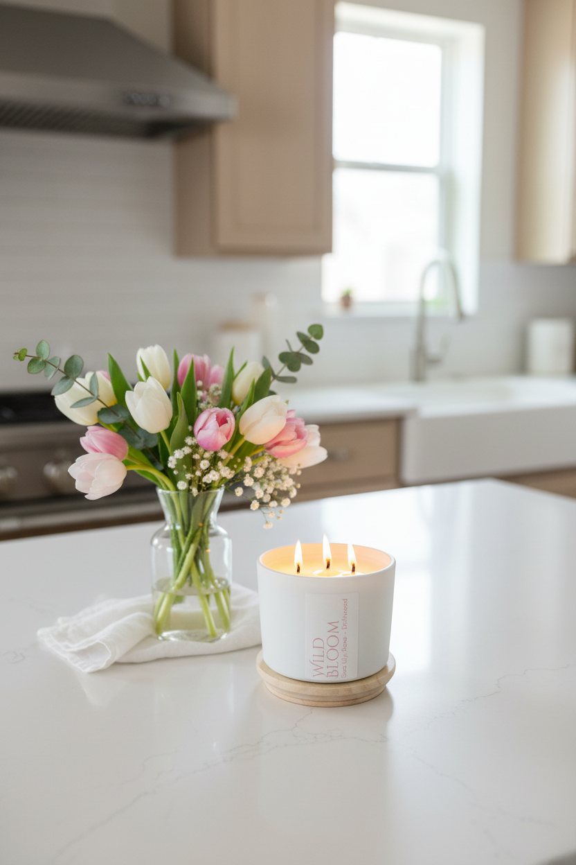 Wild Bloom candle on modern kitchen counter