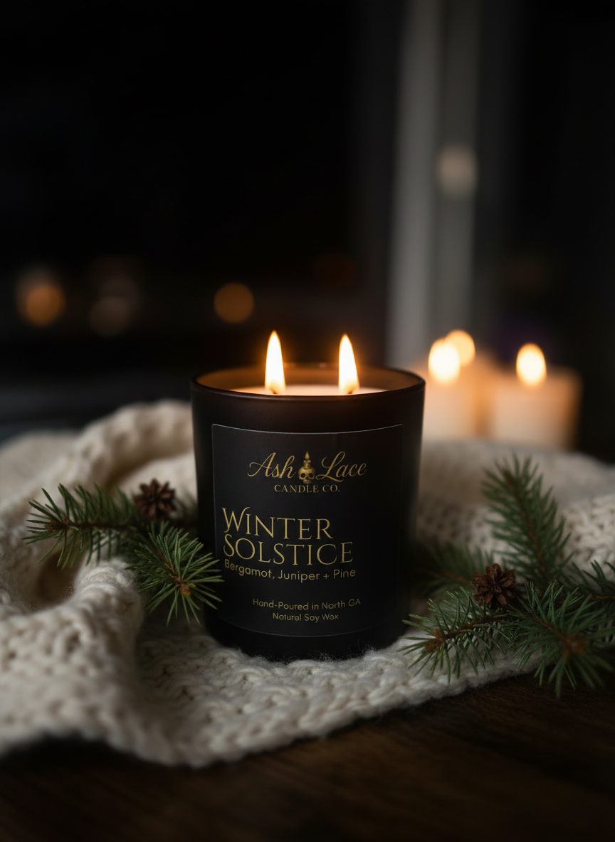 Winter Solstice candle in cozy winter setting
