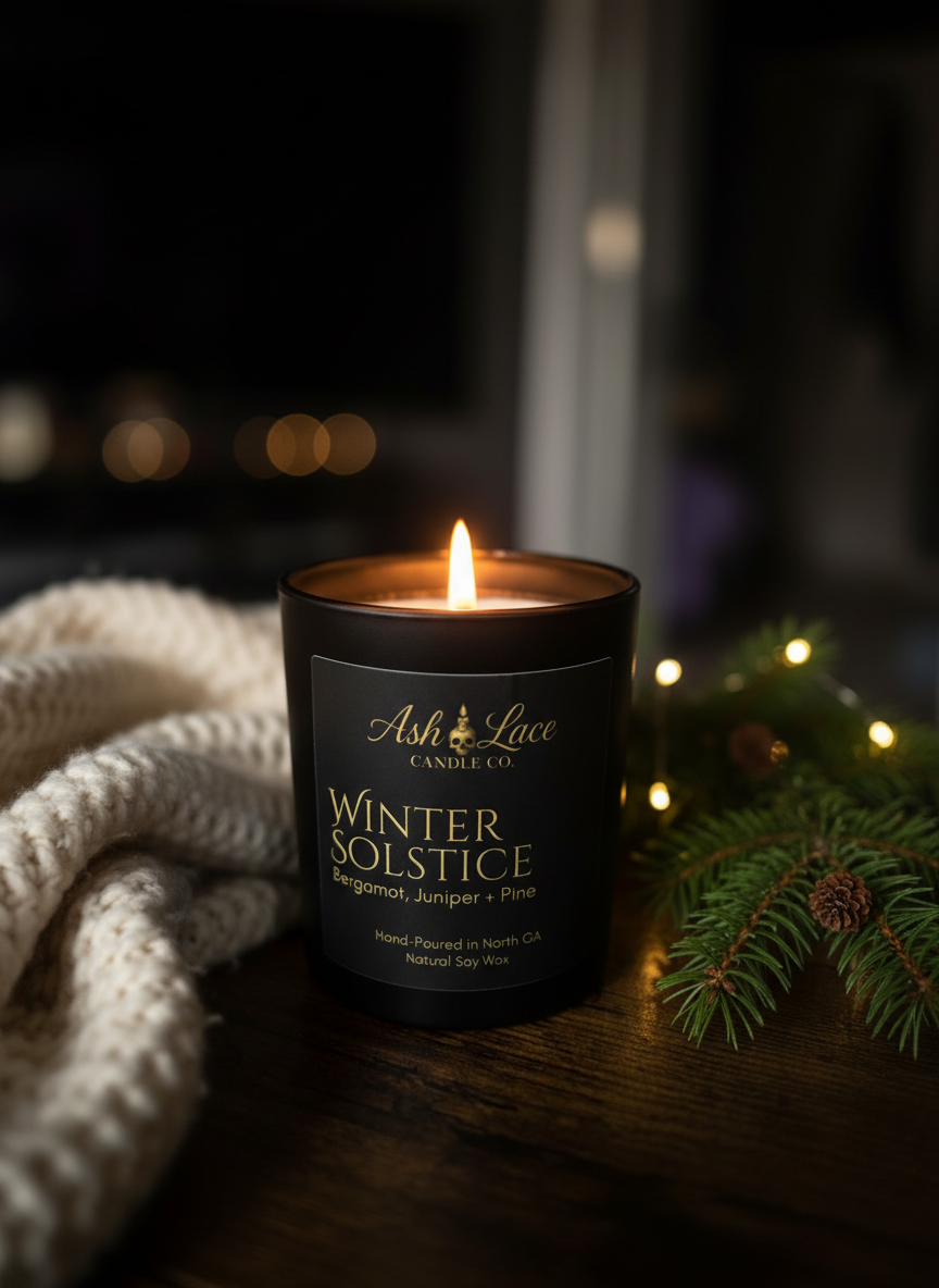 Winter Solstice candle in cozy winter setting